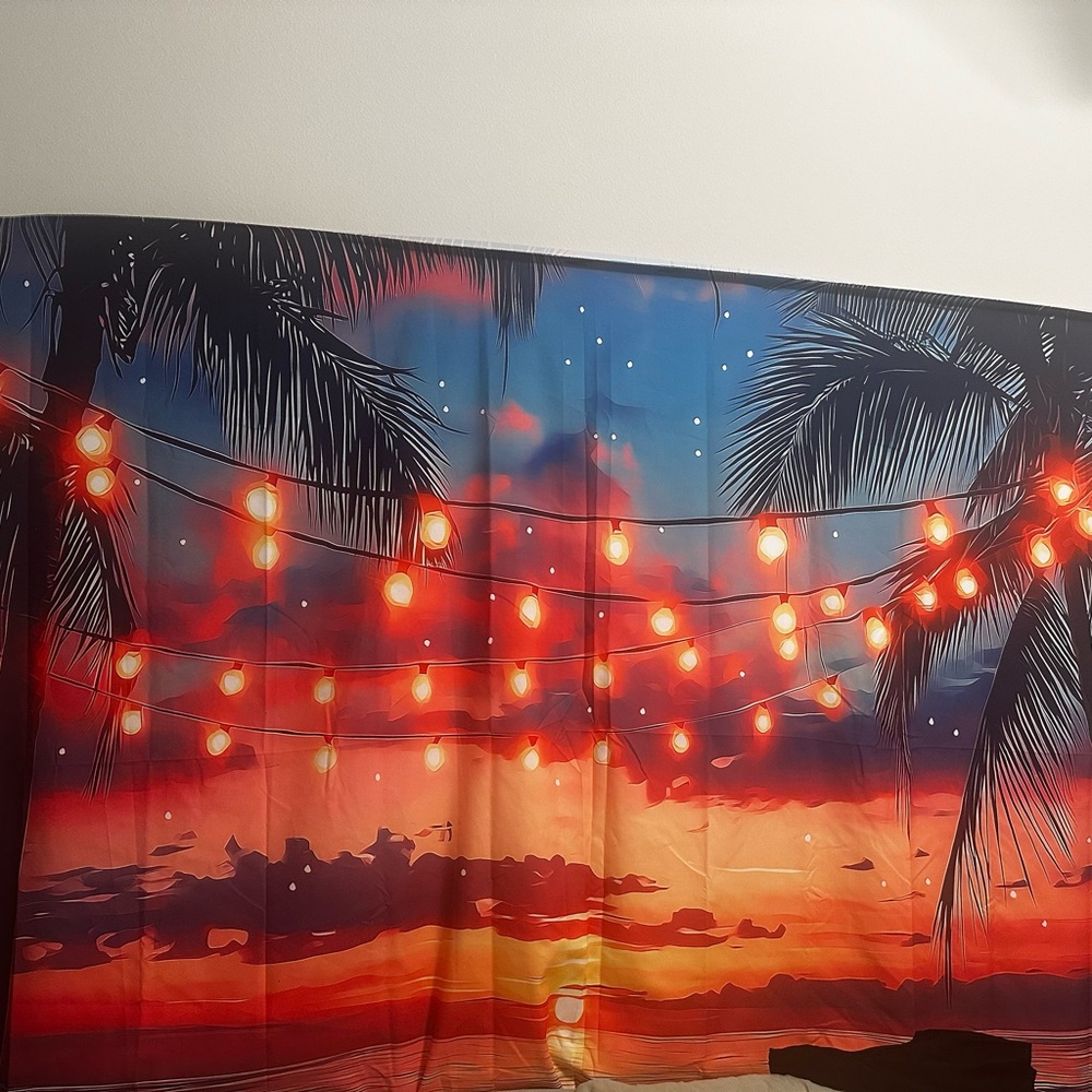 Coastal Sunset Palm Tapestry with String Lights - Red Orange Blue